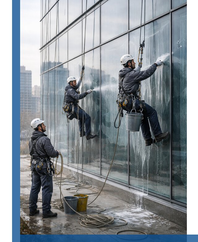 Промышленная мойка панорамных окон на высоте в Кингисеппе