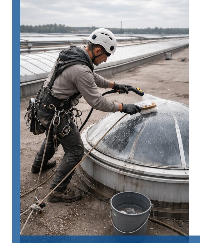 Мойка зенитных фонарей на кровле для промышленных объектов в Кингисеппе