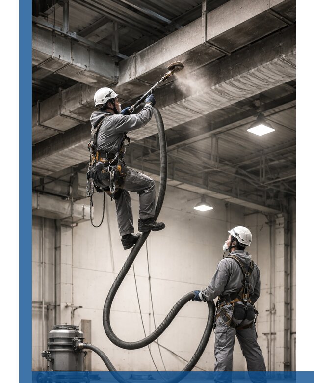 Обеспыливание потолочных конструкций в Кингисеппе промышленным альпинизмом