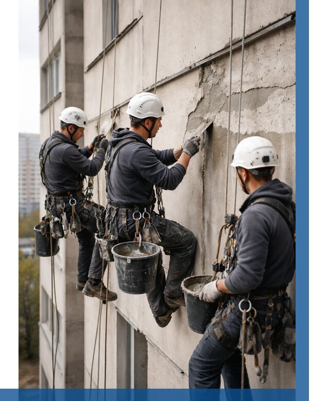 Ремонт бетонных элементов фасада в Кингисеппе от 2596 р. | ВЫСОТНИК-Кгп