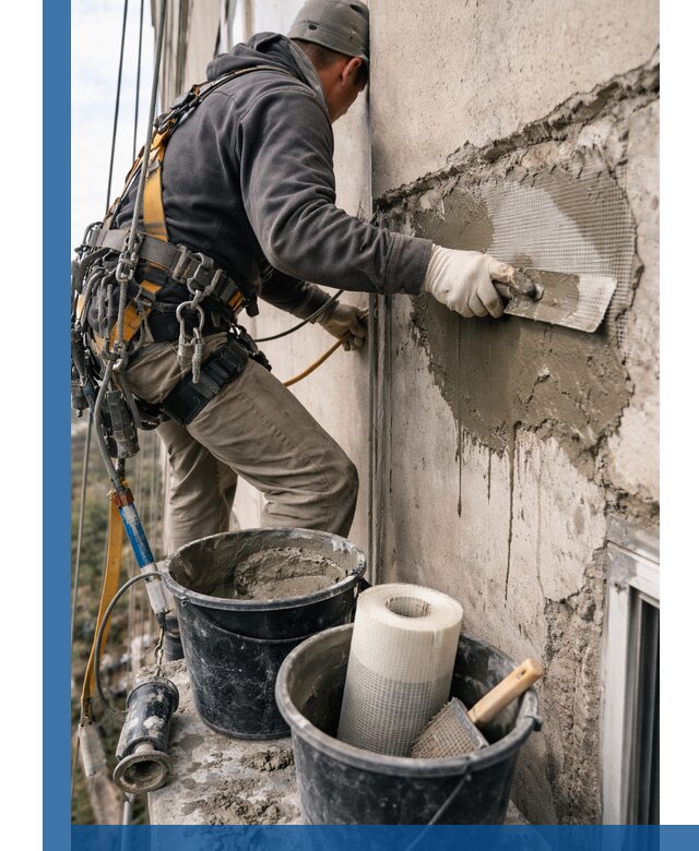 Ремонт бетонных элементов фасада промышленными альпинистами в Кингисеппе