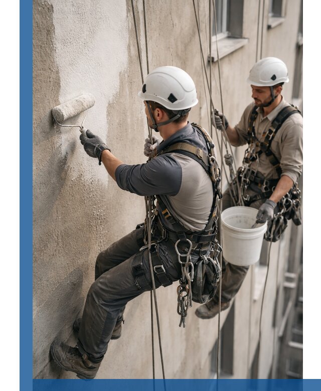 Грунтовка фасада на высоте в Кингисеппе промышленными альпинистами