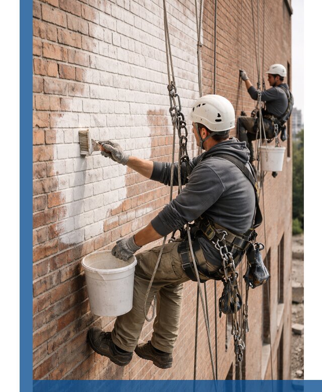 Покраска кирпичного фасада с доступным альпинистским сервисом в Кингисеппе