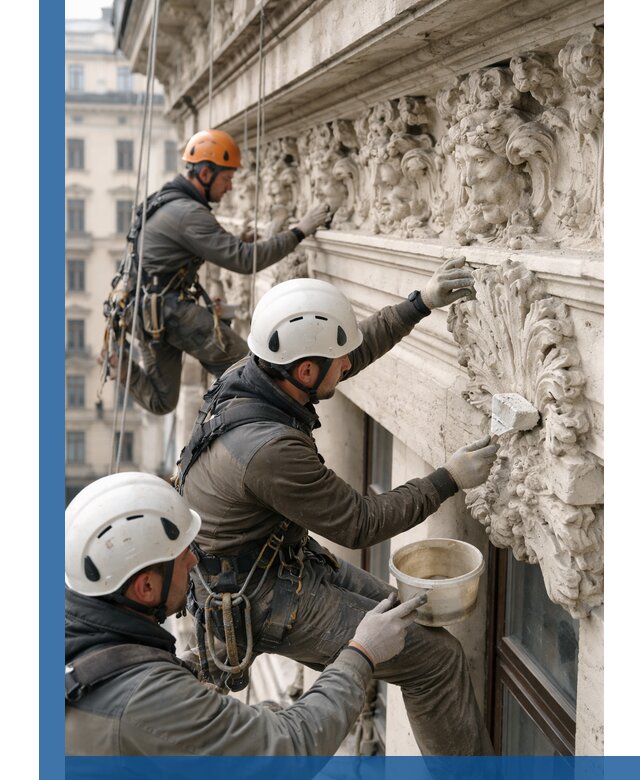 Реставрация фасадной лепнины с высотными работами в Кингисеппе