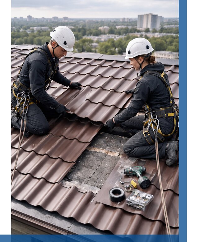 Ремонт металлочерепицы на крыше в Кингисеппе от 935 р. | ВЫСОТНИК-Кгп