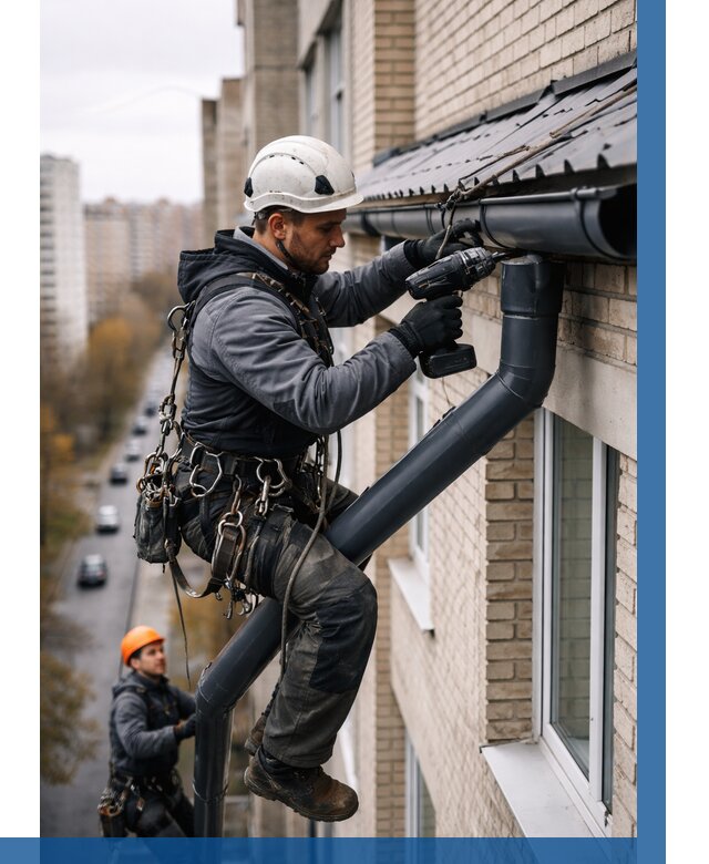 Монтаж водосточной системы на здании в Кингисеппе от 5192 р. | ВЫСОТНИК-Кгп