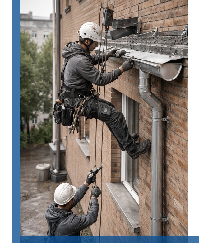 Монтаж водосточной системы на здании в Кингисеппе под ключ