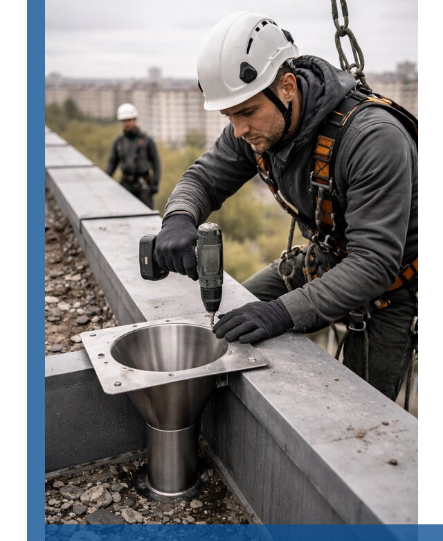 Монтаж водосточных воронок в Кингисеппе для промышленных зданий