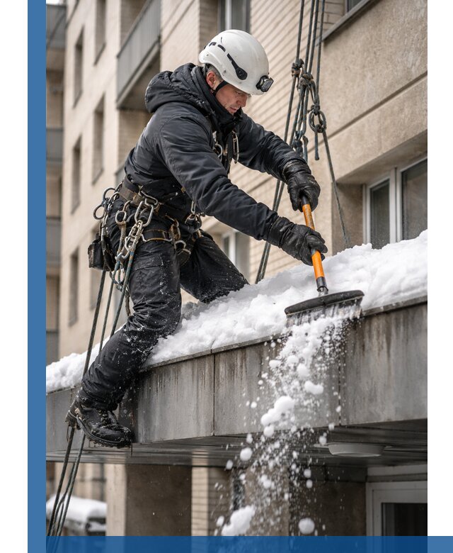 Очистка козырьков от снега в Кингисеппе круглогодично безопасно