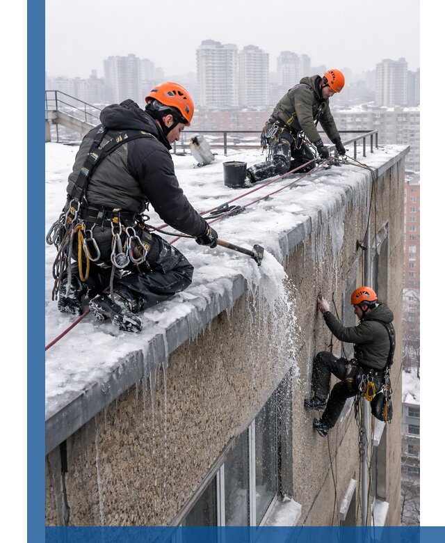 Удаление наледи с кровли в Кингисеппе промышленными альпинистами