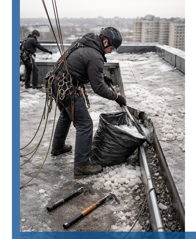 Аварийная очистка кровли в Кингисеппе от промальпинистов