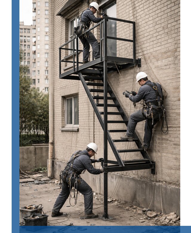 Монтаж пожарной лестницы в Кингисеппе, установка и крепление