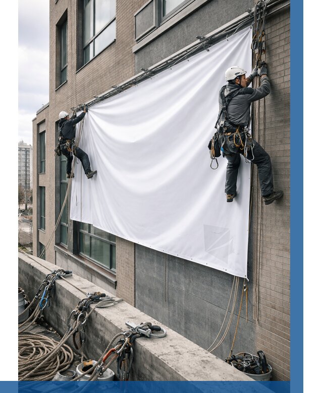 Монтаж баннеров на фасаде в Кингисеппе от 675 р. заказать ВЫСОТНИК-Кгп