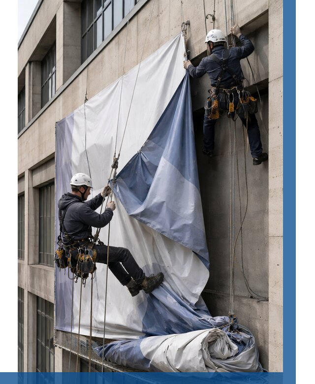 Демонтаж баннеров с фасада в Кингисеппе от 4673 р. | ВЫСОТНИК-Кгп