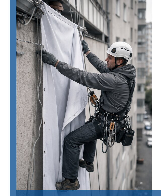 Замена баннерного полотна промышленными альпинистами в Кингисеппе