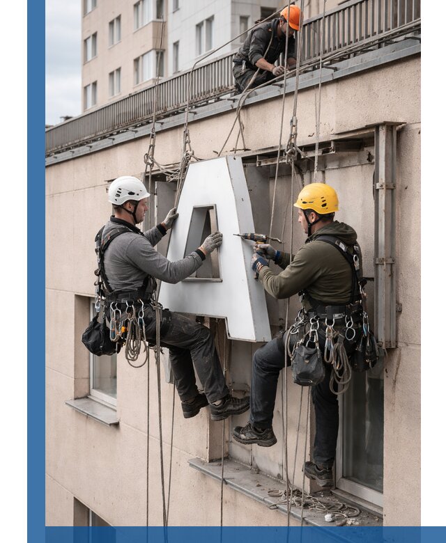 Ремонт и восстановление наружных вывесок на высоте в Кингисеппе