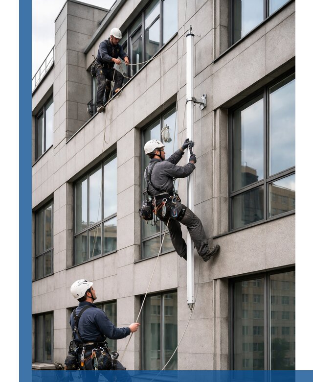 Монтаж флагштока на фасаде здания с креплением и герметикой в Кингисеппе