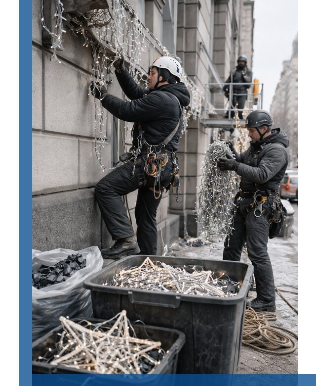 Демонтаж новогоднего оформления и гирлянд в Кингисеппе