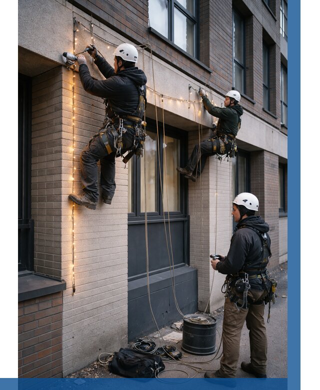 Монтаж гирлянд на фасаде в Кингисеппе от 3634 р. | ВЫСОТНИК-Кгп