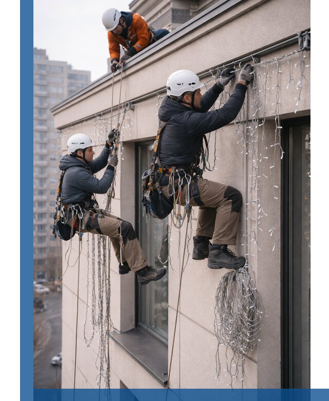 Монтаж праздничных гирлянд на фасаде в Кингисеппе для зданий