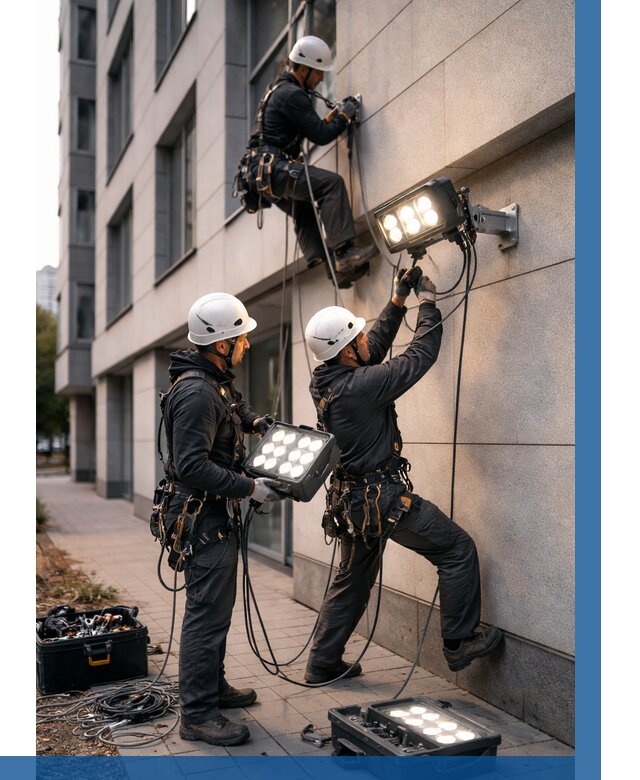 Монтаж прожекторов на фасаде в Кингисеппе от 7788 р. | ВЫСОТНИК-Кгп