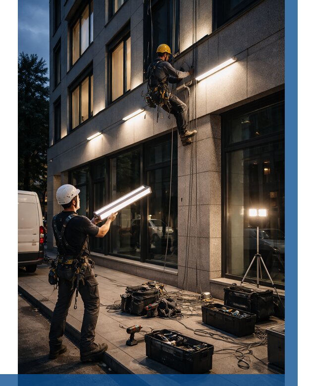 Монтаж архитектурной подсветки здания в Кингисеппе от 2596 р.|ВЫСОТНИК-Кгп