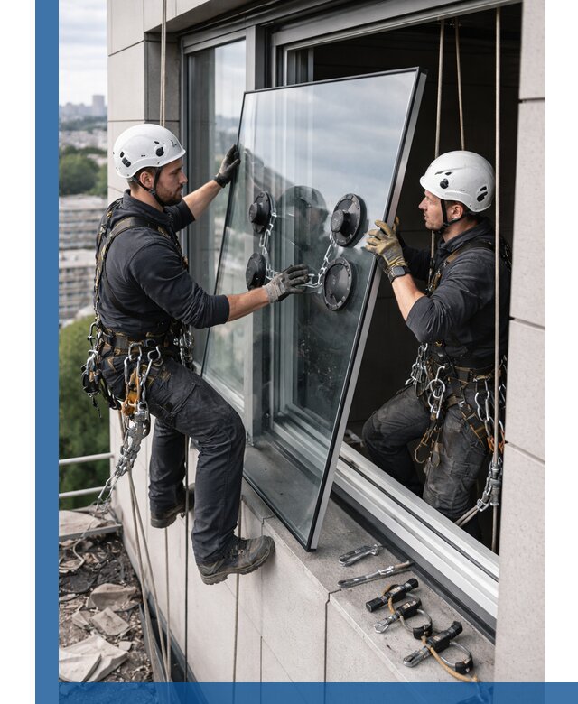 Замена стеклопакетов на высоте с промышленными альпинистами в Кингисеппе