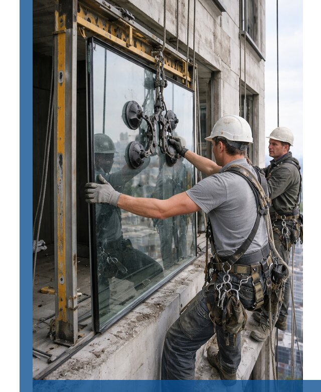 Монтаж стеклопакетов на высоте в Кингисеппе с промышленным альпинизмом