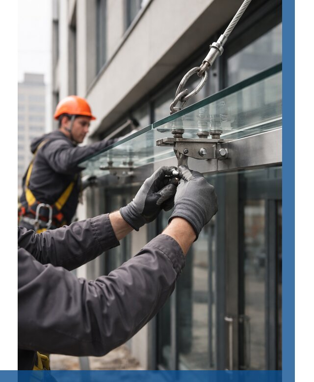 Монтаж стеклянных козырьков в Кингисеппе от 8826 р. | ВЫСОТНИК-Кгп