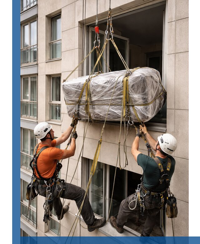 Подъем грузов через окно в Кингисеппе промышленными альпинистами