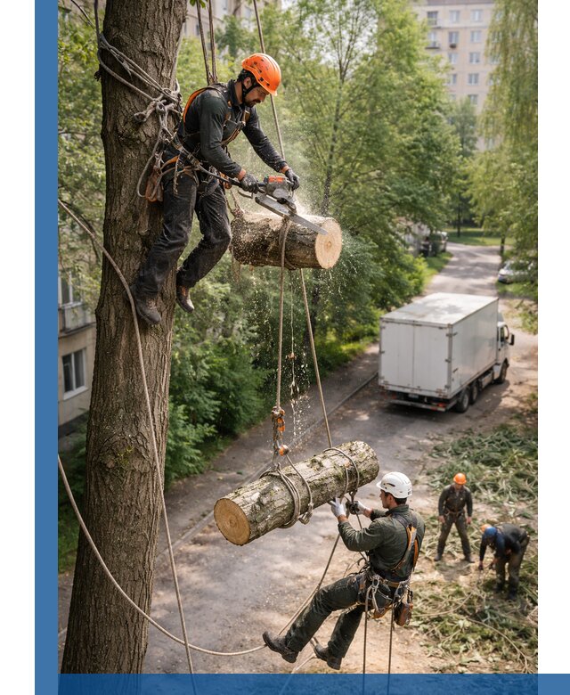 Спил деревьев альпинистами в Кингисеппе, безопасно и без повреждений