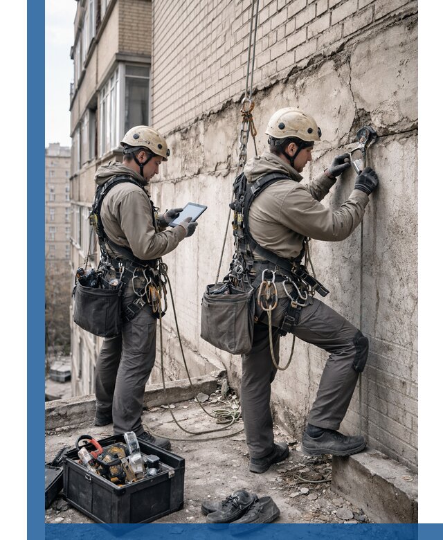 Обследование фасада промышленными альпинистами в Кингисеппе